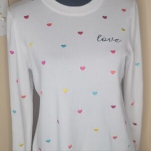 White Sweater with Colorful Heart Pattern